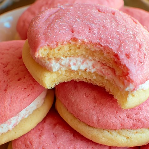 Several pink cookies stacked, showing their creamy white centers.