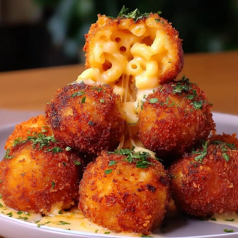 A plate stacked high with Mac and Cheese Balls shaped like a pyramid.
