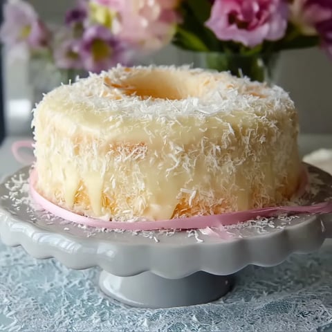 Cake topped with fluffy coconut and creamy white icing.