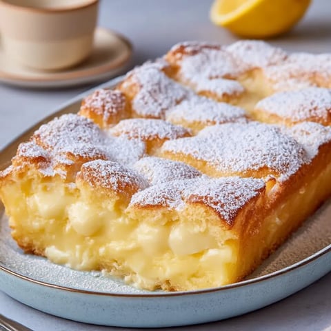 Lemon cake slice dusted with powdered sugar.