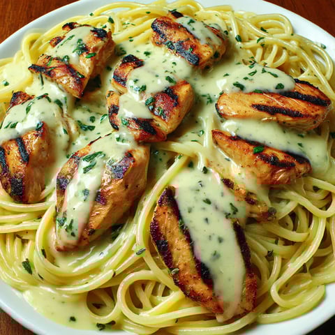 Chicken Alfredo pasta ready to eat on a plate.