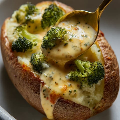 A close look at a potato with broccoli cheese poured over it.