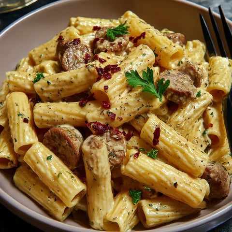 A bowl piled with pasta, sausage pieces, and melty mozzarella cheese.