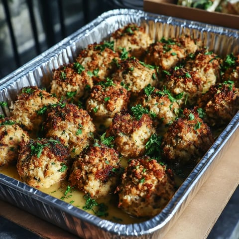 A tray of stuffing balls sprinkled with herbs and yellow bits.