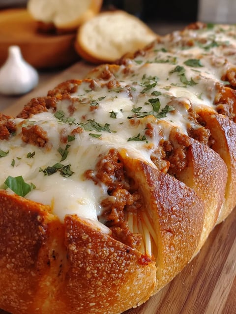 A schnitzel-style pizza with tomato sauce and cheese sitting on a wood board.