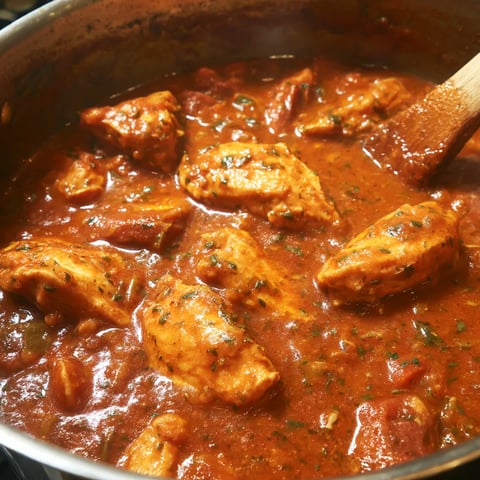 Big pot of Creole chicken with a wooden spoon ready to serve it up.
