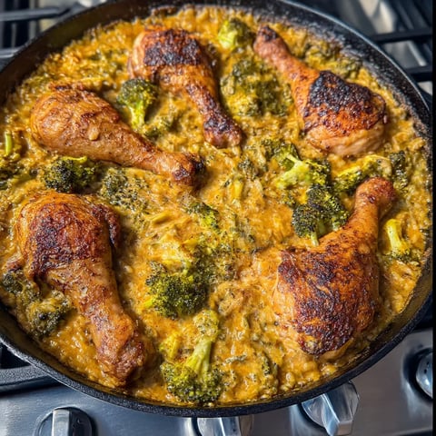A pan full of chicken drumsticks, melty cheese rice, and bright broccoli.