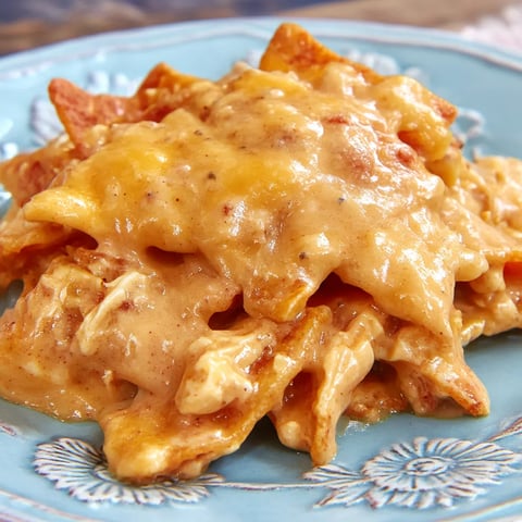 Heaping serving of chicken Doritos casserole on a dinner plate.