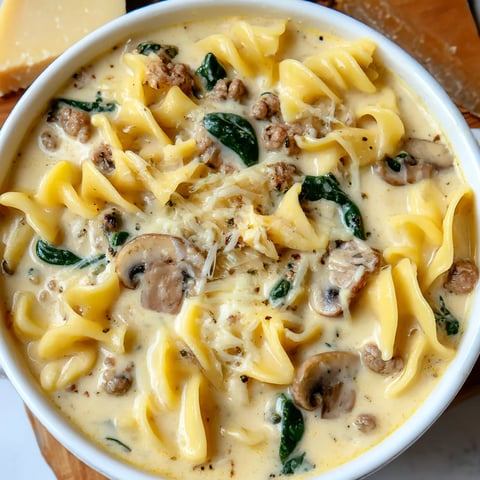 Bowl filled with creamy Alfredo lasagna soup and garnished with cheese.