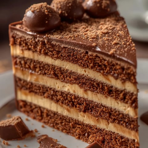 A chocolate cake slice topped with chocolate bits on a plate.