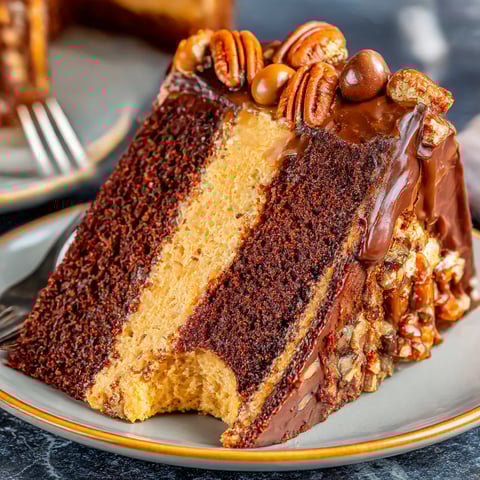 A slice of turtle caramel cake.