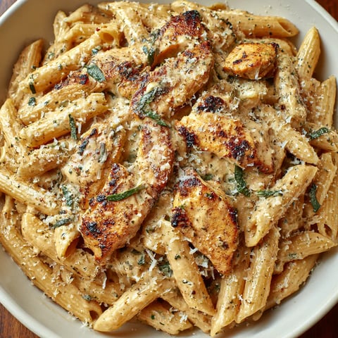 A plate with chicken garlic parmesan pasta.