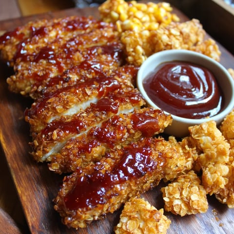 A plate of homemade fish sticks served with ketchup and potatoes.