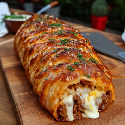A big, toasted sandwich filled with cheese and sauerkraut sits on a wooden board.