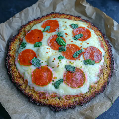 Pepperoni and spinach pizza resting on a paper towel.