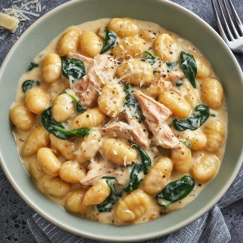 A cozy bowl of cheesy chicken gnocchi with cream sauce.