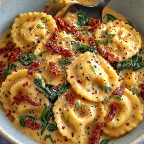 Creamy Tuscan ravioli sitting in a bowl.