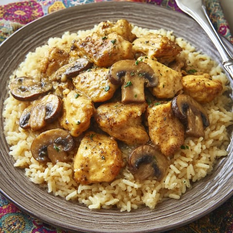 Chicken, mushrooms, and rice served on a plate.