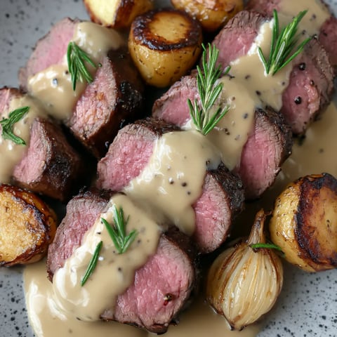 A tasty filet mignon covered in creamy peppercorn sauce.