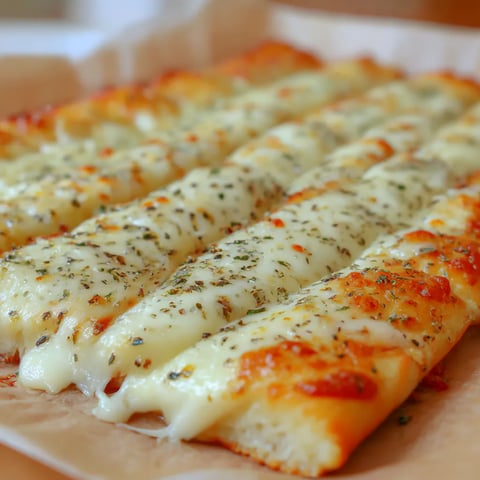 Tray of cheesy breadsticks fresh from the oven.
