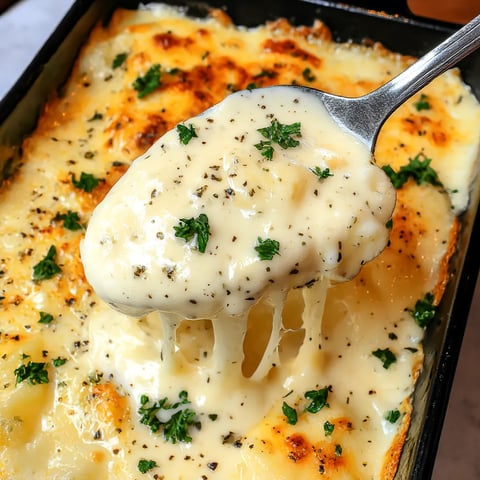 There’s a spoon in a bowl loaded with cheesy sauce and fresh green herbs.