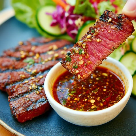 Someone drizzling sauce onto a steak.