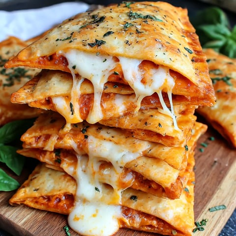 Stack of pizza pockets with gooey cheese and pepperoni inside.