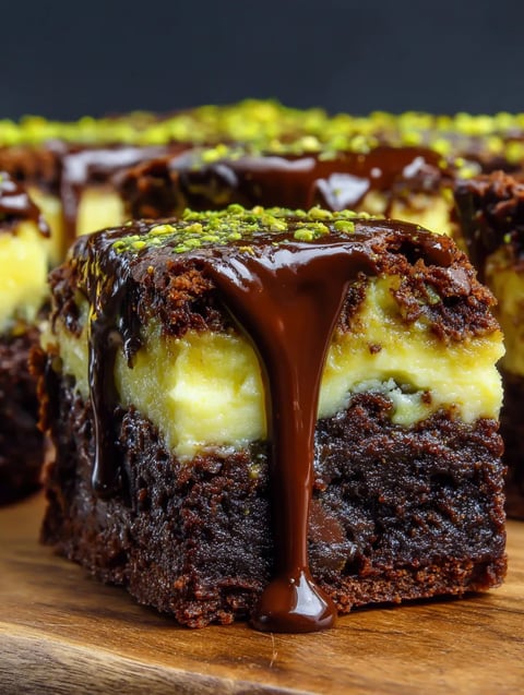 A slab of chocolate with chocolate glaze and chocolate syrup on a wooden block.