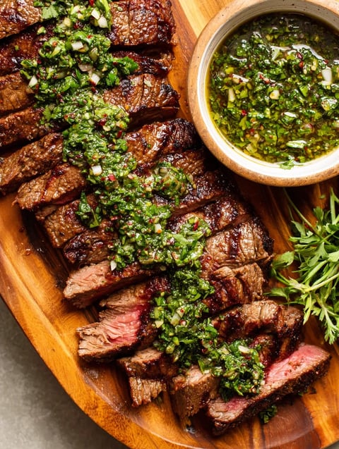 A piece of beef sits on a wooden board surrounded by green herbs and sauce.
