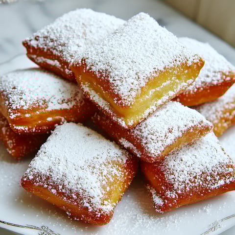 Plate stacked with vanilla French beignets.