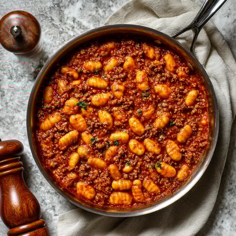 A skillet filled with gnocchi and a rich meat sauce.