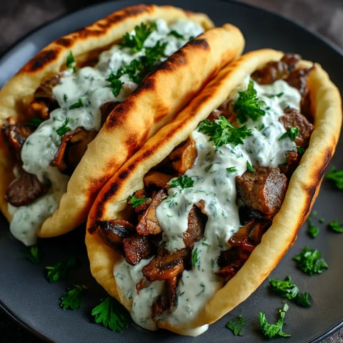 Two pita pockets packed with cheesy beef and mushrooms, served with tangy tzatziki.