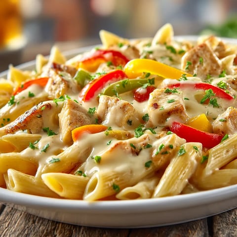 Chicken and bell peppers served over pasta on a plate.