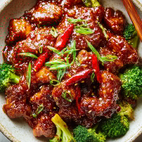 A bowl filled with crispy General Tso’s chicken and broccoli on the side.