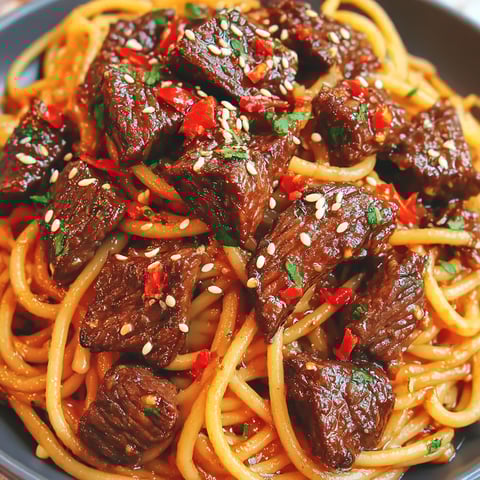 A bowl piled with steak pasta tossed in sweet, spicy garlic sauce.