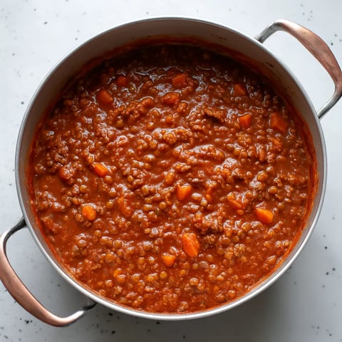 A Dutch oven filled with chunky 50/50 lentil and beef Bolognese sauce.