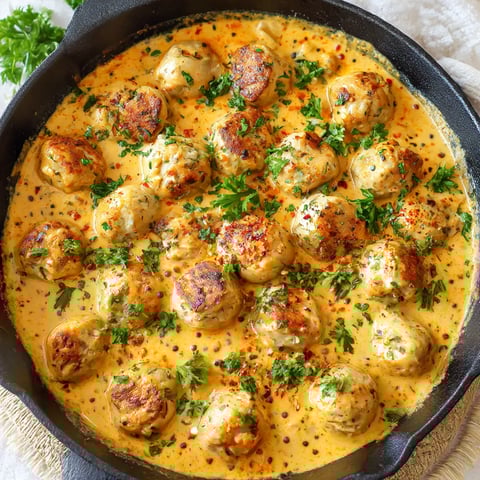 Meatballs cooking in a creamy sauce inside a pan.