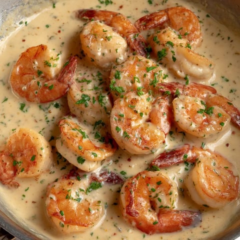 A bowl of creamy garlic shrimp.