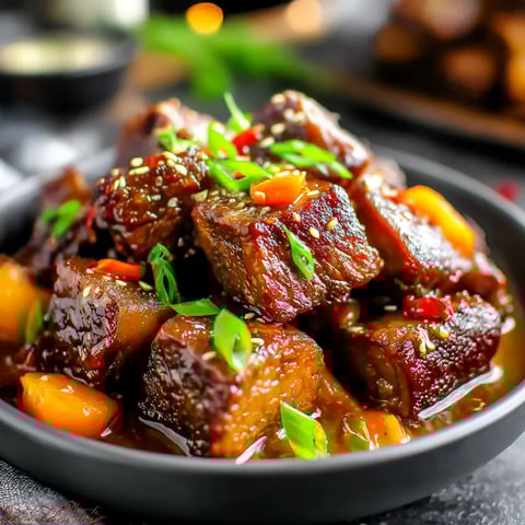 Tender beef pieces topped with green onions and peppers in a bowl.