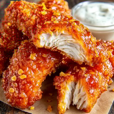 Big plate stacked with honey BBQ chicken strips.