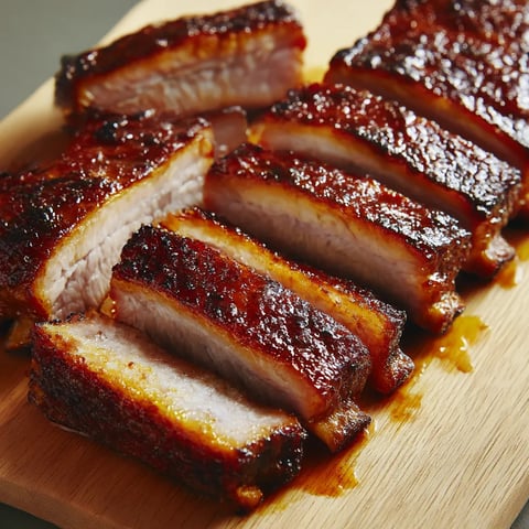 Slices of pork belly on a wooden board.