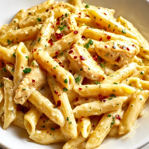 A plate filled with chicken pasta tossed in creamy Parmesan sauce.
