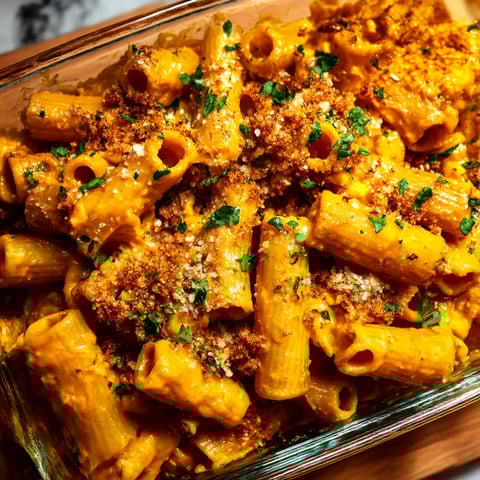 A bowl of creamy Puerto Rican mac and cheese with golden topping.