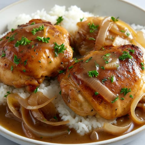 Chicken and rice smothered in onion gravy on a plate.