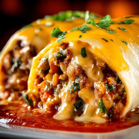 A burrito loaded with melted cheese and green onion slices.