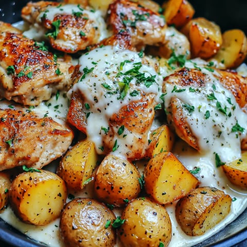 Chicken and potatoes topped with garlic and Parmesan in a serving dish.