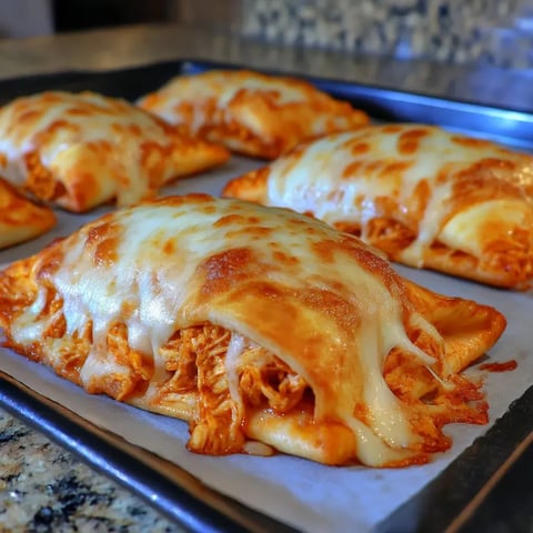 A board with six cheesy, crispy sandwich pockets.