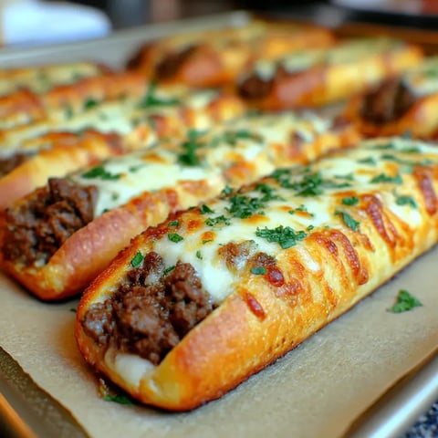 A board full of sandwiches stuffed with cheese, steak, and onions.