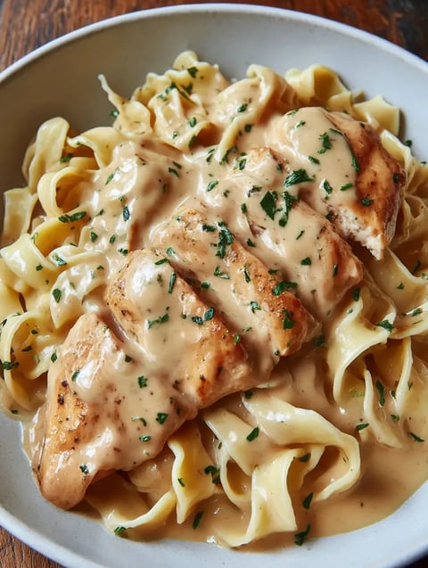 A photo of a bowl with pasta, chicken and mushroom sauce.