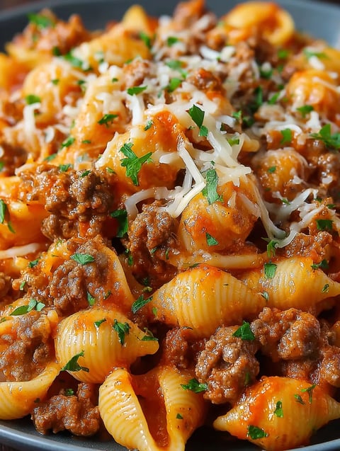 A bowl of penne pasta topped with beef, cheese, and onions.